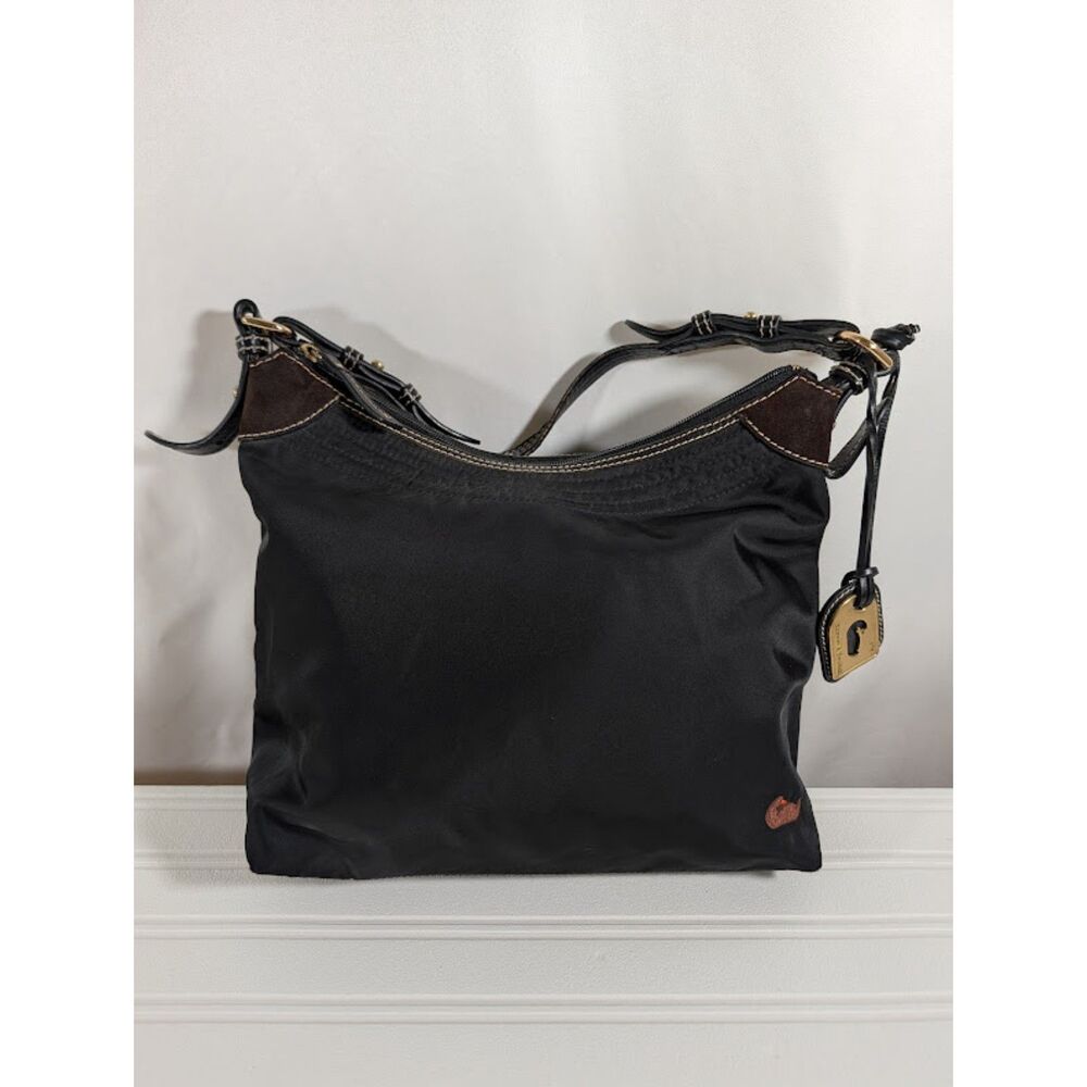 Dooney & Bourke 1975 Black Nylon Hobo Shoulder Bag Pink Lining Leather